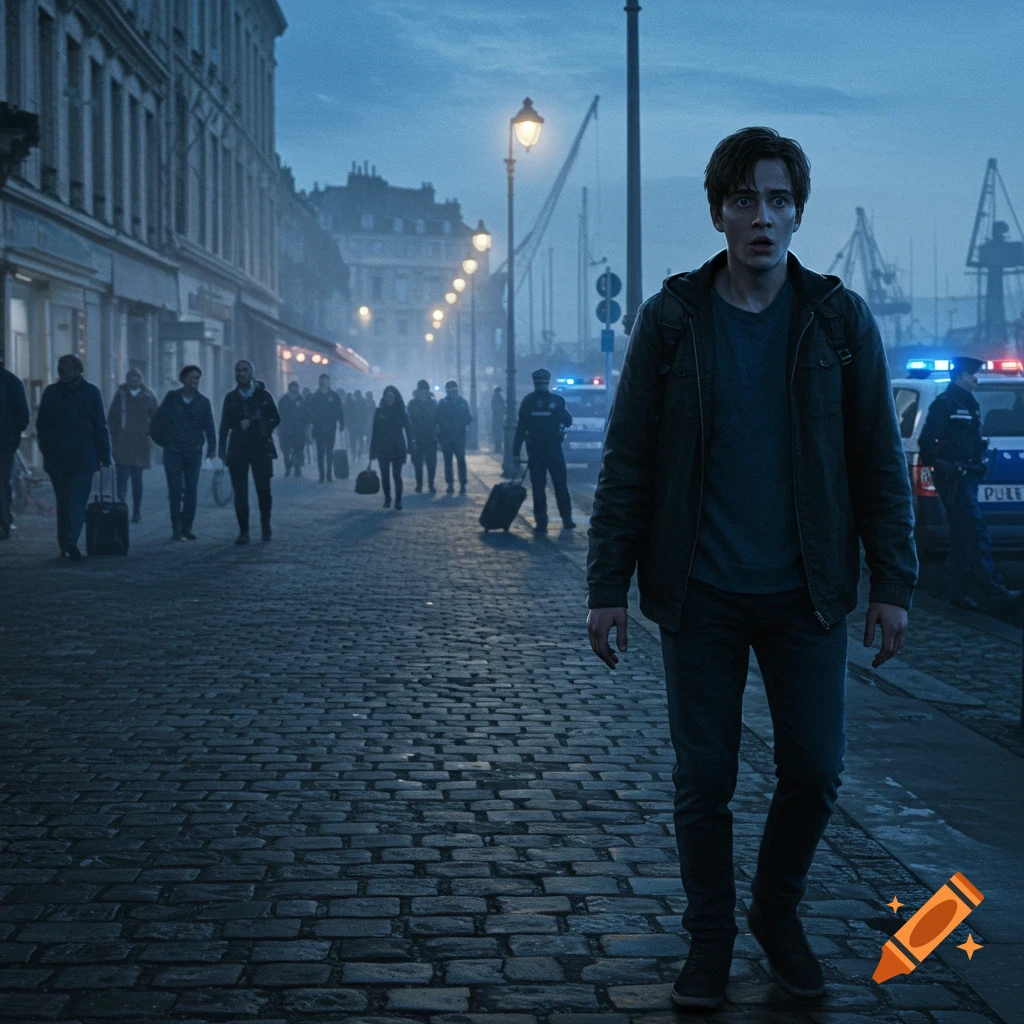A scared young man walks on a cobblestone street in a port city at dusk, with police cars and people in the background.