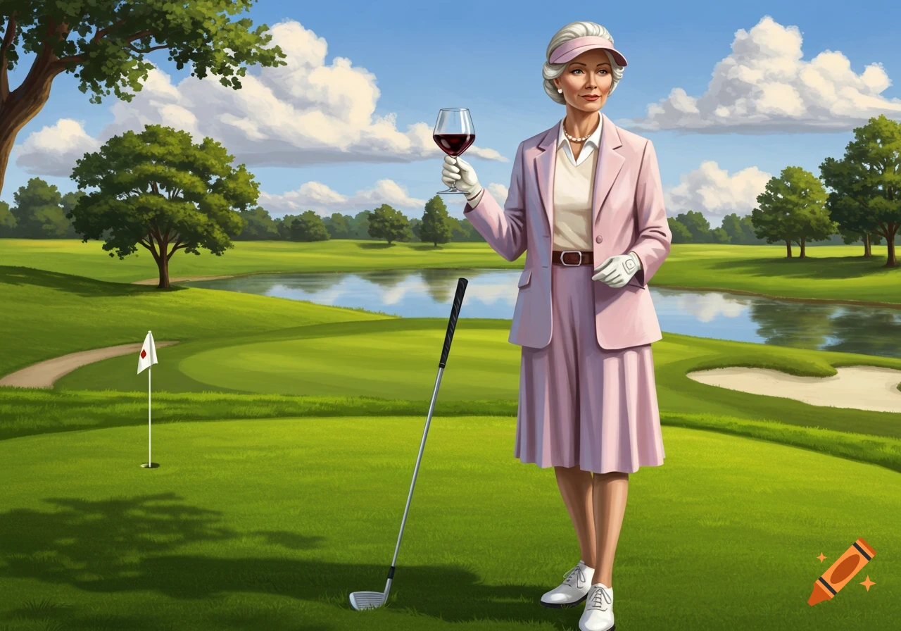An older woman in a pink skirt suit, visor, and gloves holds a wine glass and golf club on a sunny golf course.