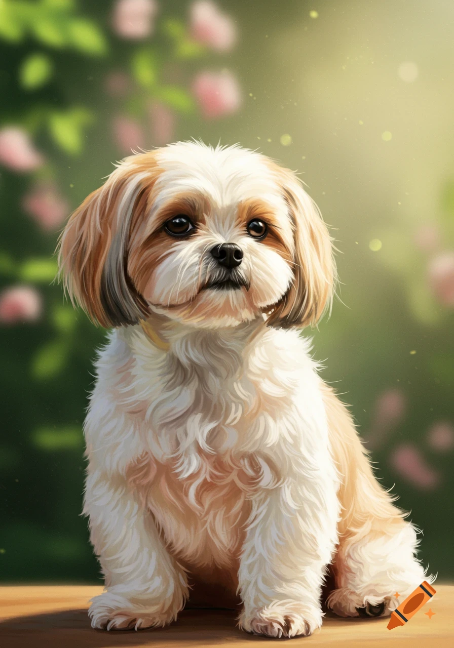 An adorable Shih Tzu puppy with white and brown fur sits on a wooden surface in a lush garden with pink flowers in the background.