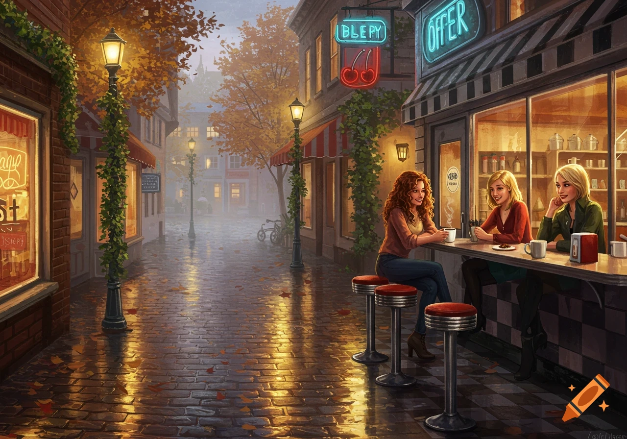 Three women chat at a diner counter on a rainy autumn evening street with wet cobblestones and glowing neon signs.