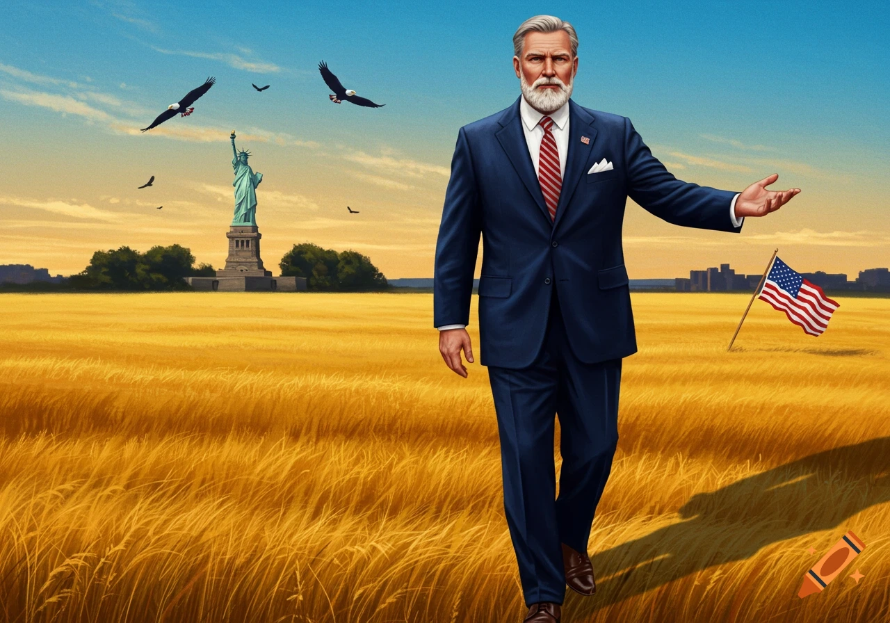 A dignified man in a blue suit walks through a golden wheat field, with the Statue of Liberty and eagles under a blue sky, and an American flag planted nearby.