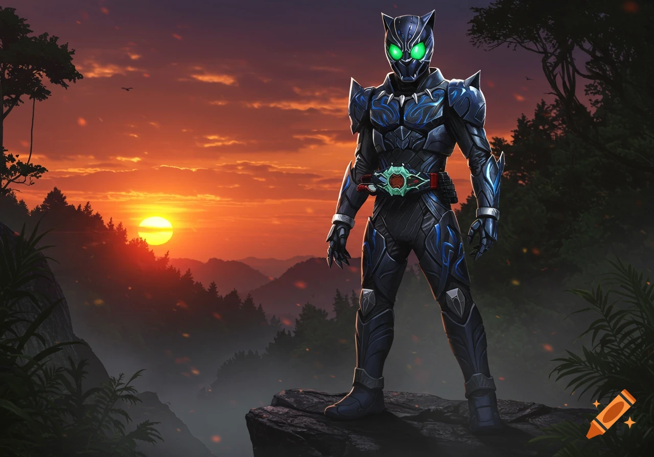 A black and blue Kamen Rider in a Black Panther suit stands on a cliff, silhouetted against a vibrant sunset over a jungle.