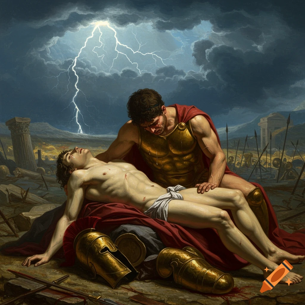 A warrior in bronze armor grieves over a fallen companion on a battlefield under a stormy, lightning-filled sky in a classical art style.