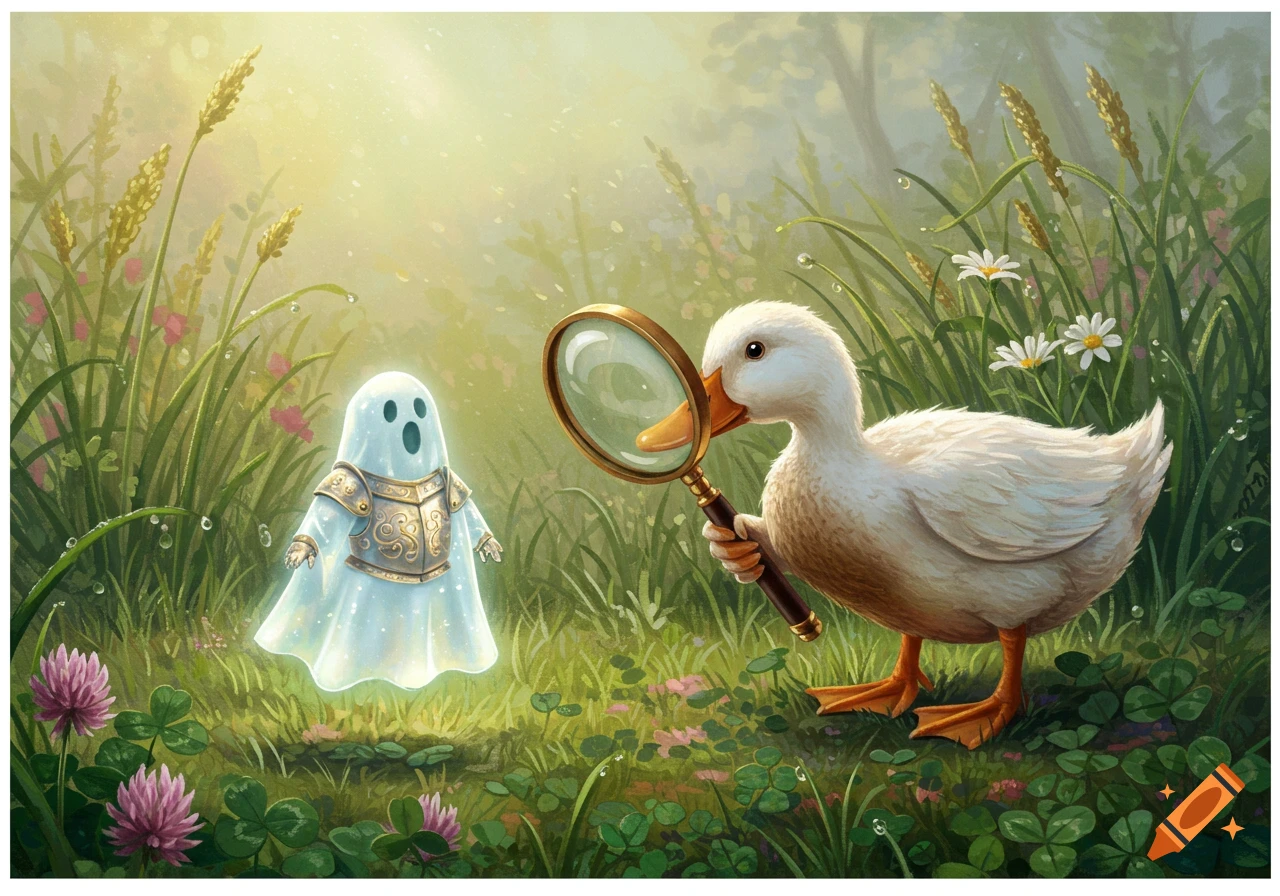 A cartoon duck holds a magnifying glass and looks at a surprised ghost wearing armor in a sunny, grassy field.