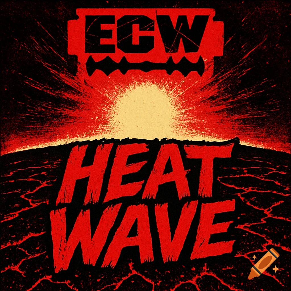 Gritty red and black poster with razor blade ECW logo, bright sun, and 'HEAT WAVE' text over cracked asphalt.