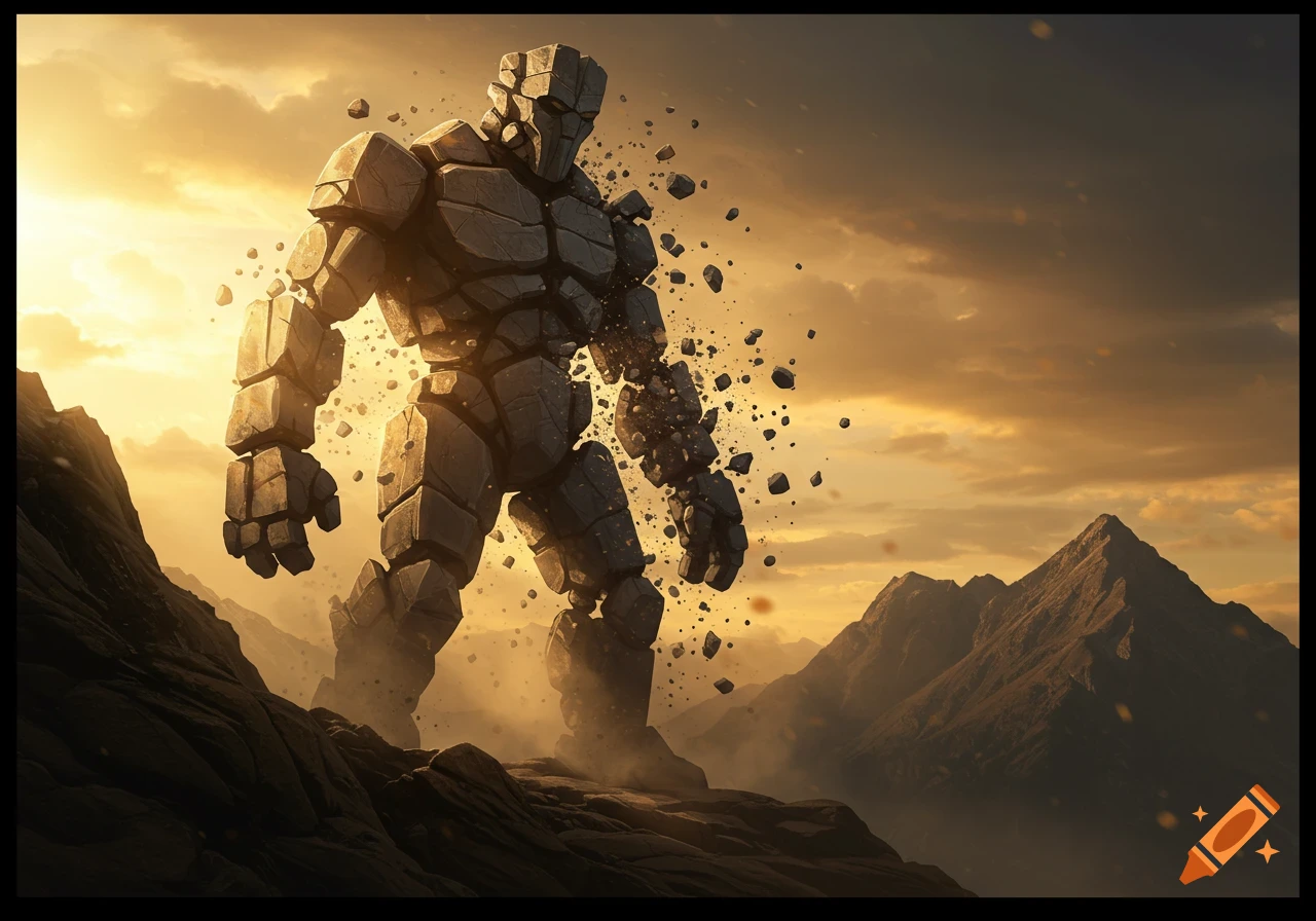 A colossal stone golem crumbles as it walks through a rugged, mountainous landscape under a dramatic golden sky.