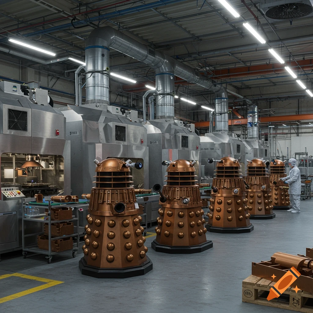 Photorealistic image of several bronze Daleks on a factory production line with large industrial machinery in the background.
