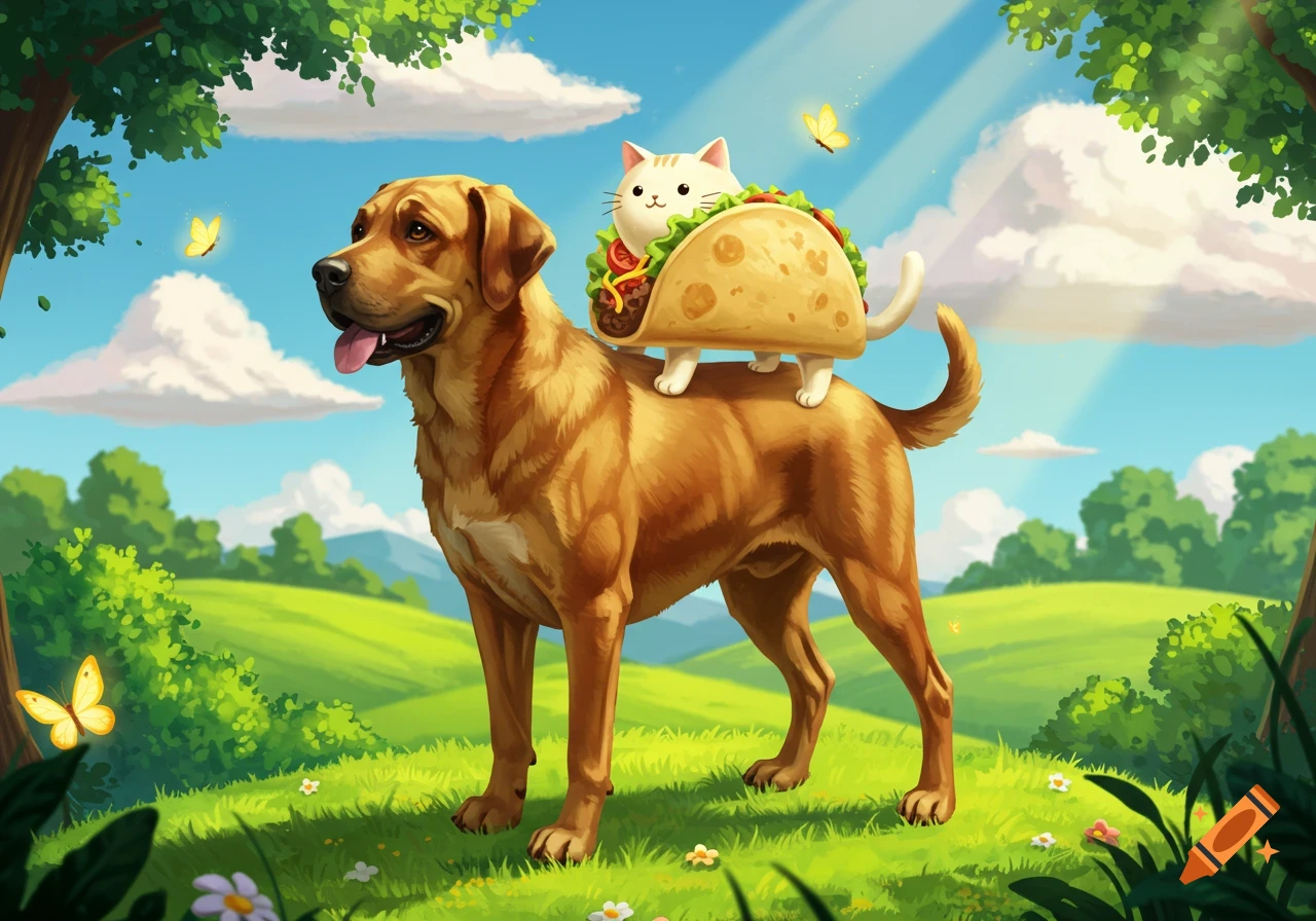 A golden retriever stands in a grassy field with a small white cat in a taco costume riding on its back, cartoon style.