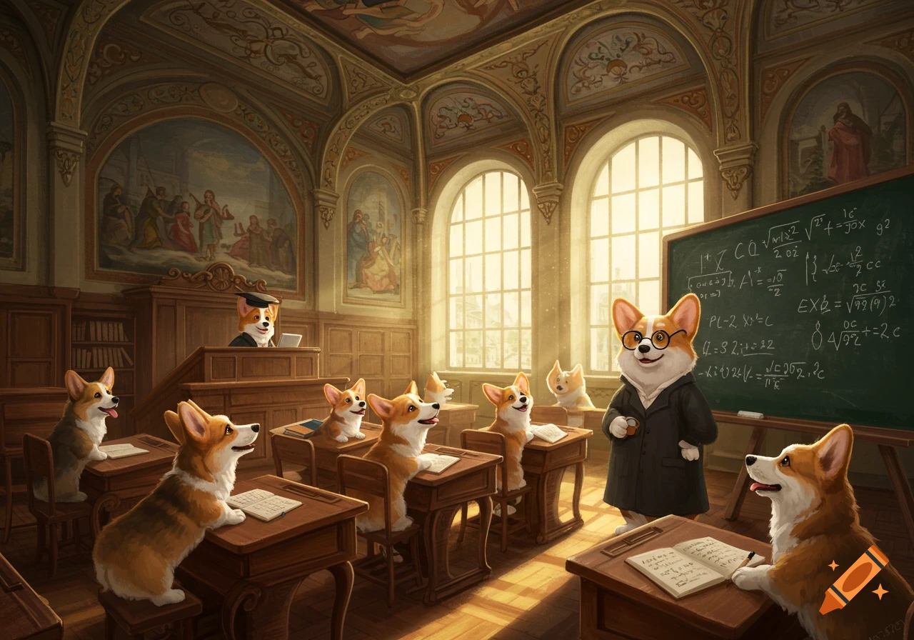 Corgis in a grand, old-fashioned lecture hall, with one corgi teaching at a blackboard and another at a podium.
