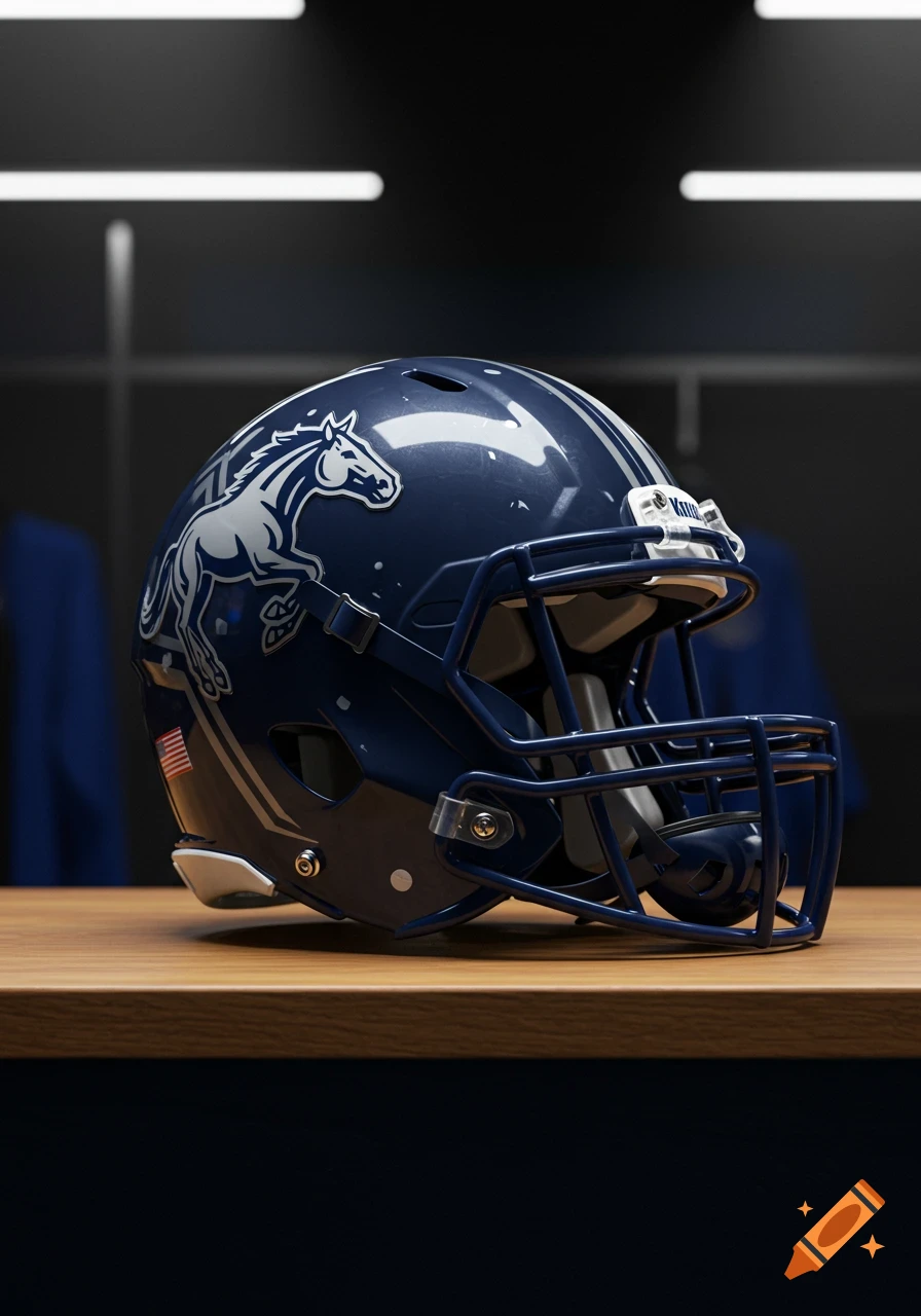 Photorealistic dark blue American football helmet with a silver horse logo, sitting on a wooden bench in a locker room.