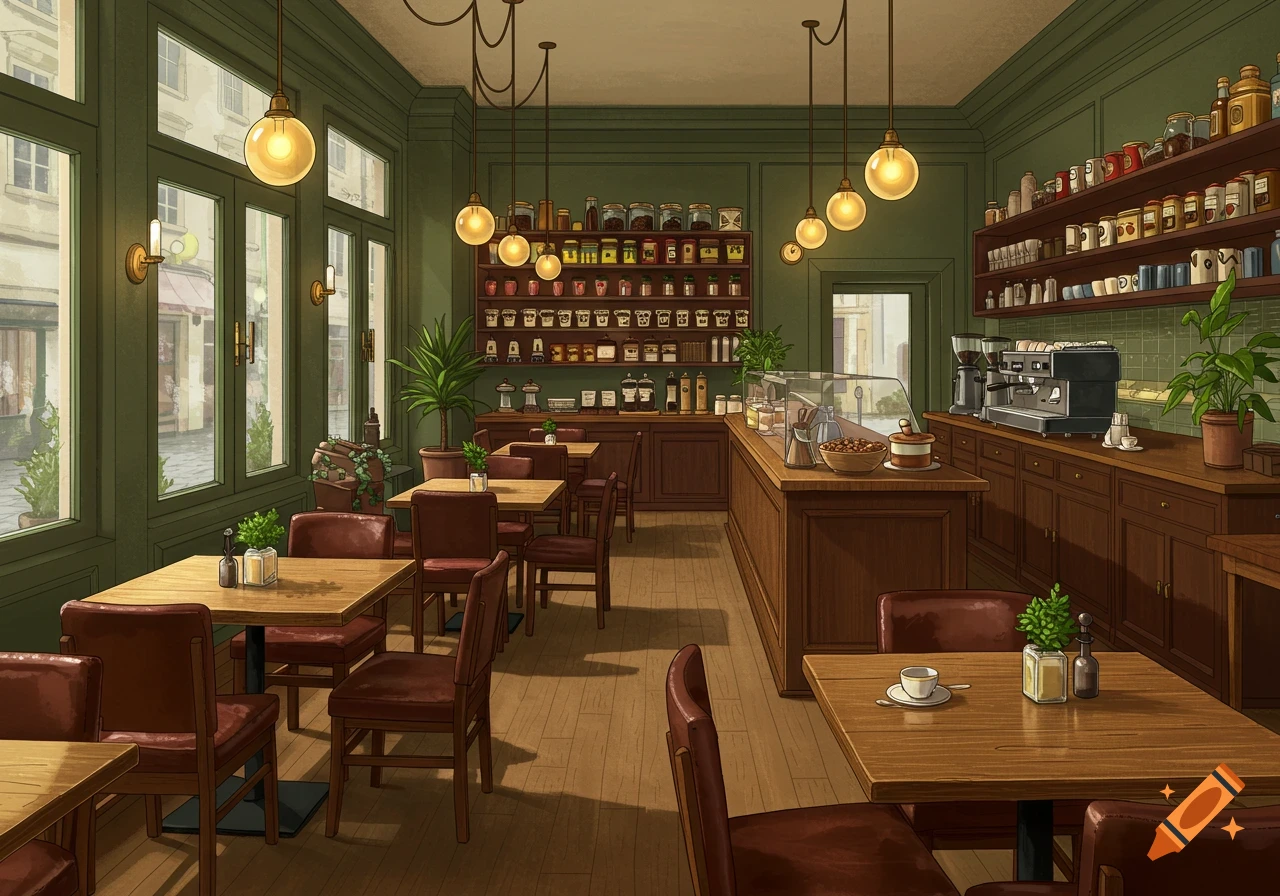 An empty, cozy cafe with green walls, wooden tables and chairs, shelves full of jars, and large windows looking out onto a street.