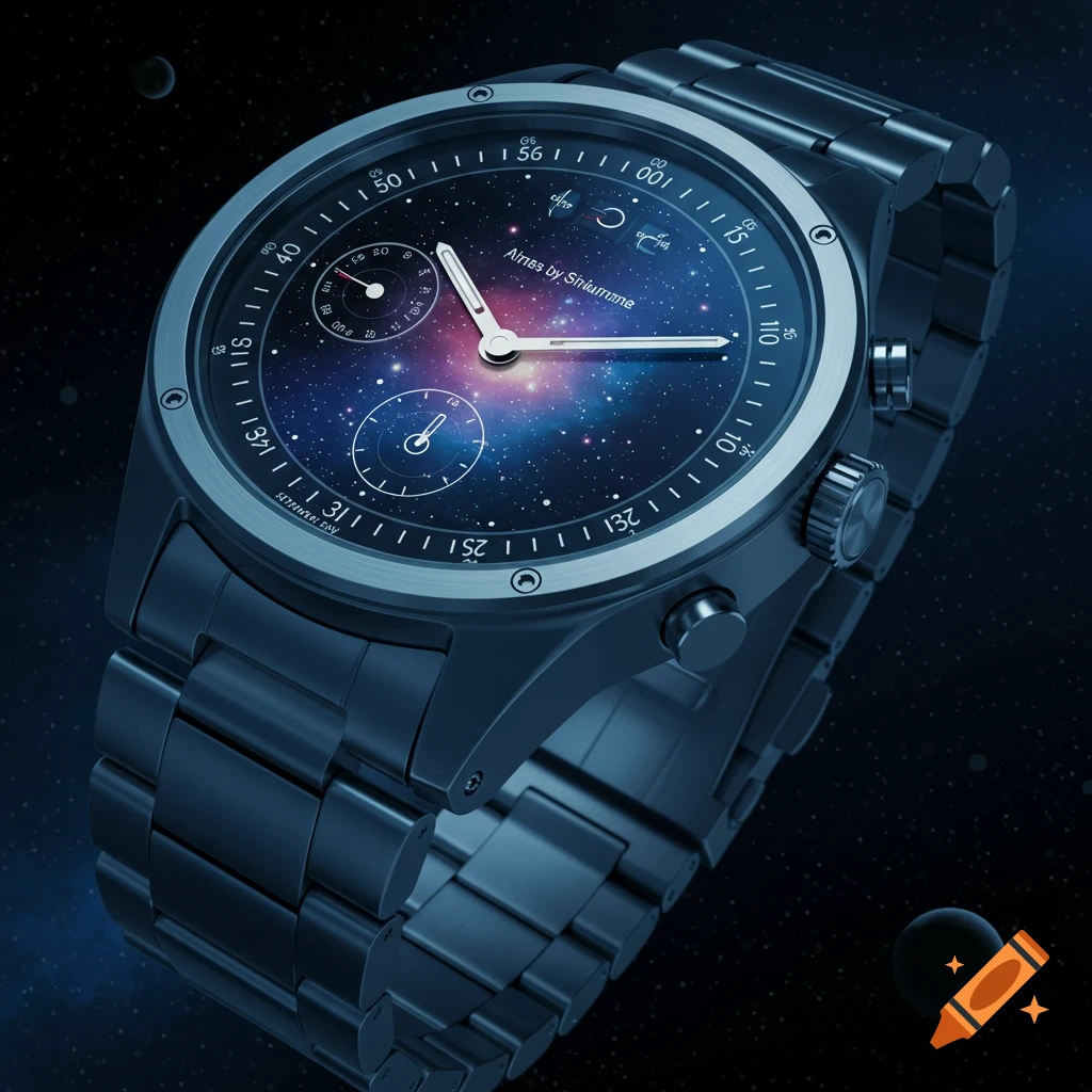 A sleek, dark metal wristwatch with a galaxy-themed face, floating in space with distant planets. Photorealistic.