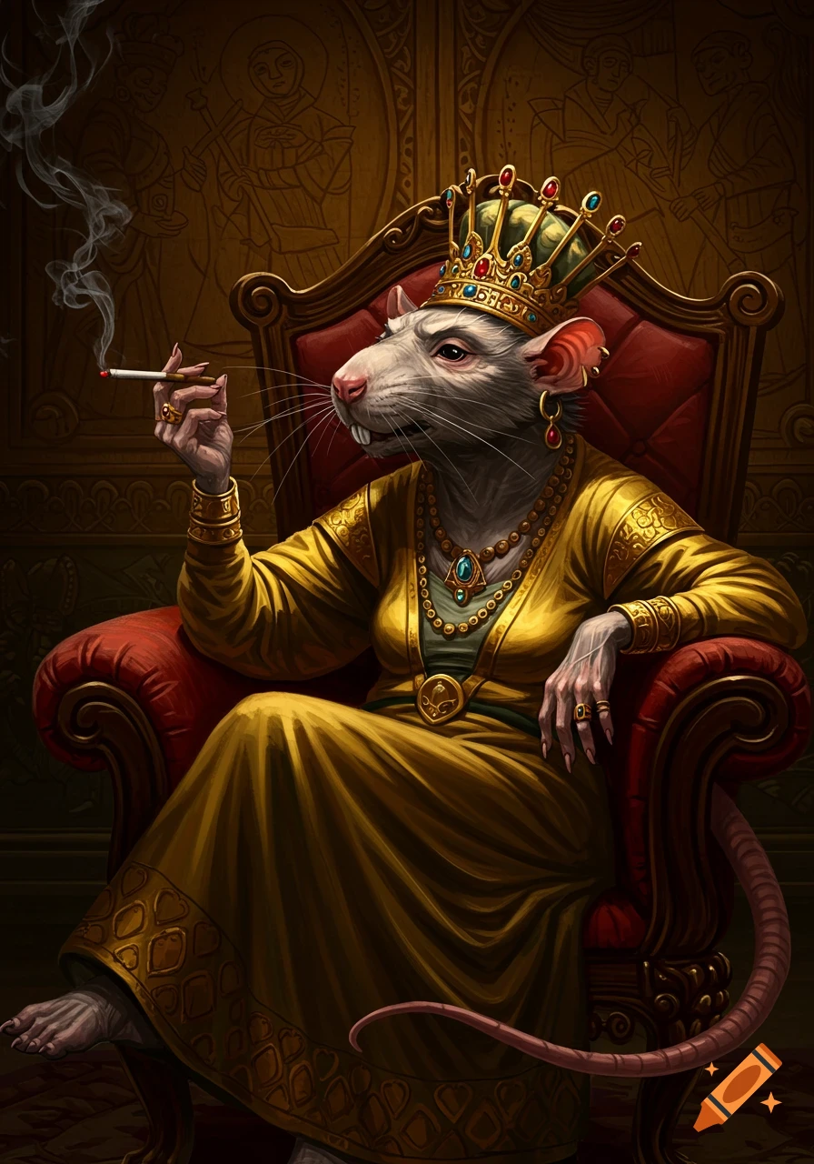 A detailed illustration of an elderly rat queen in a gold dress and crown, sitting on a plush red armchair and smoking a cigarette.