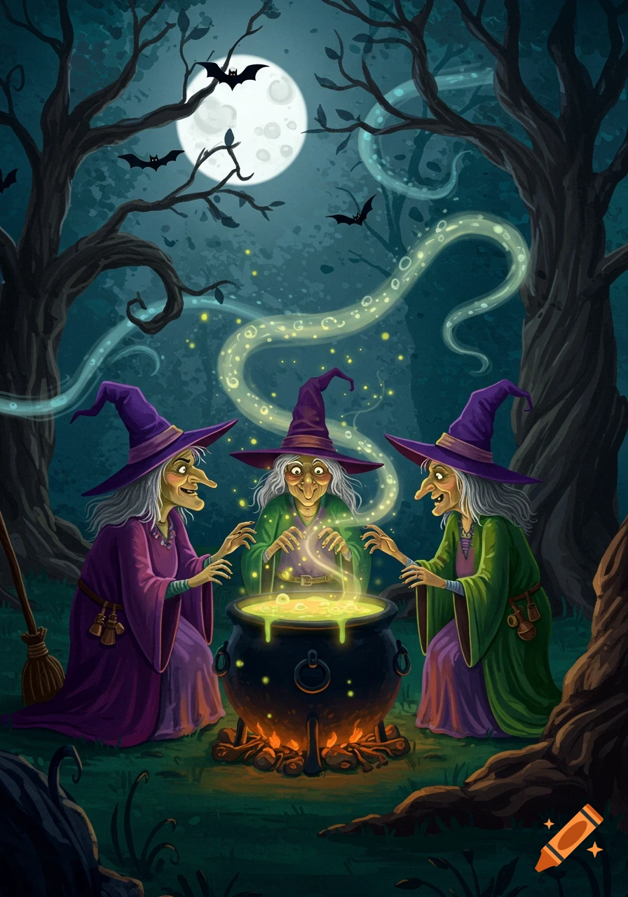 Three old witches in robes brew a glowing potion in a cauldron in a dark, illustrated forest under a full moon with bats.