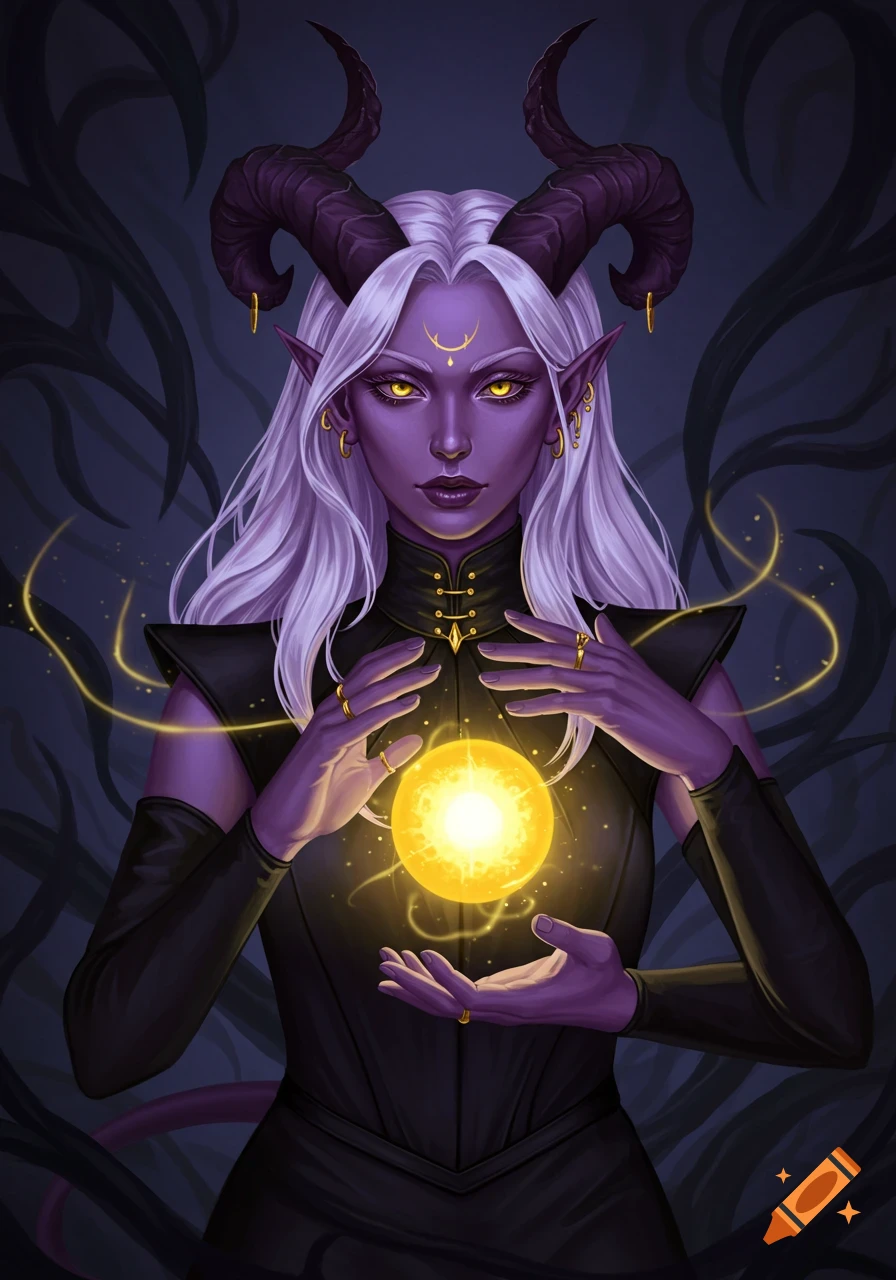 A lavender-skinned tiefling with horns and white hair holds a glowing orb of yellow magic.