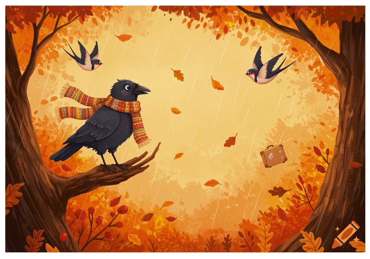 Whimsical autumn illustration of a crow in a scarf on a branch, two swallows flying with a suitcase, falling leaves, and rain.