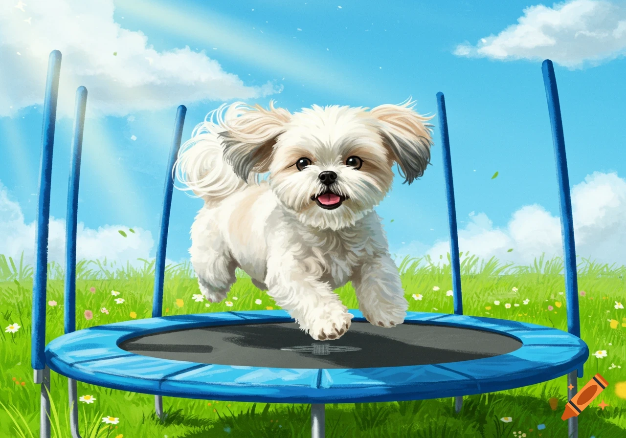 An illustration of a fluffy white shih tzu dog jumping on a blue trampoline in a sunny green field.
