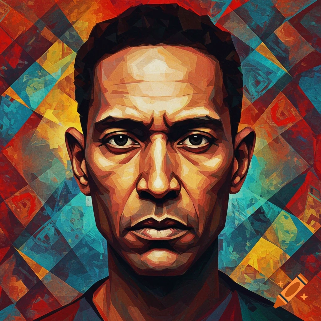 Abstract painting in Paul Klee style of a stern man glaring, depicted with colorful geometric shapes.