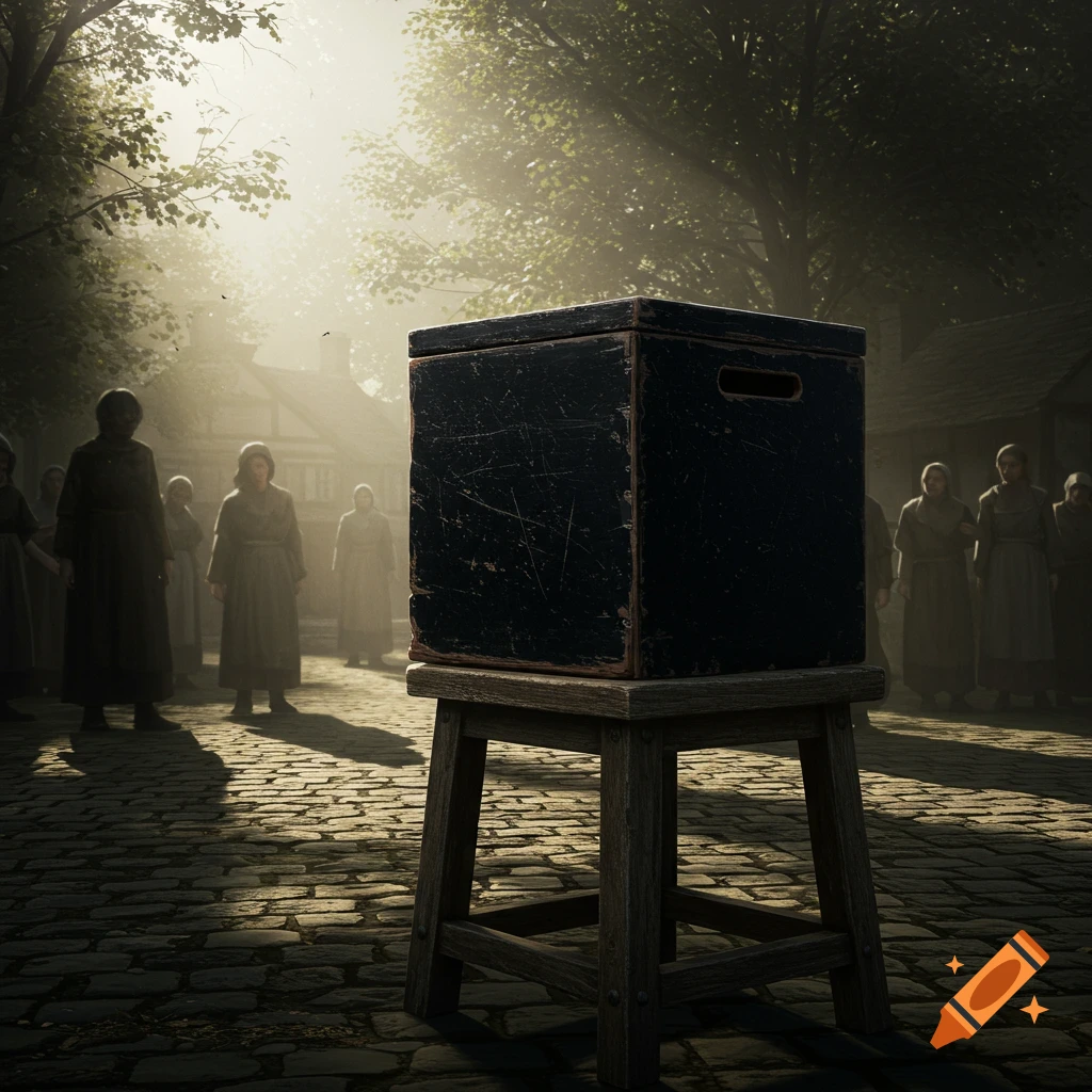 A black wooden box sits on a stool in a dimly lit cobblestone street, surrounded by somber figures in period clothing.