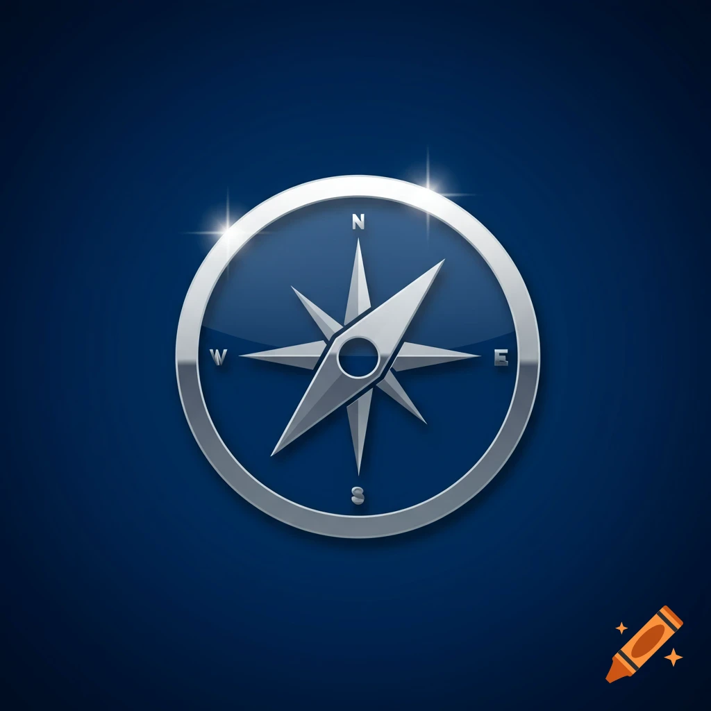 A metallic silver compass rose icon with cardinal directions N, E, S, W on a glossy dark blue background.