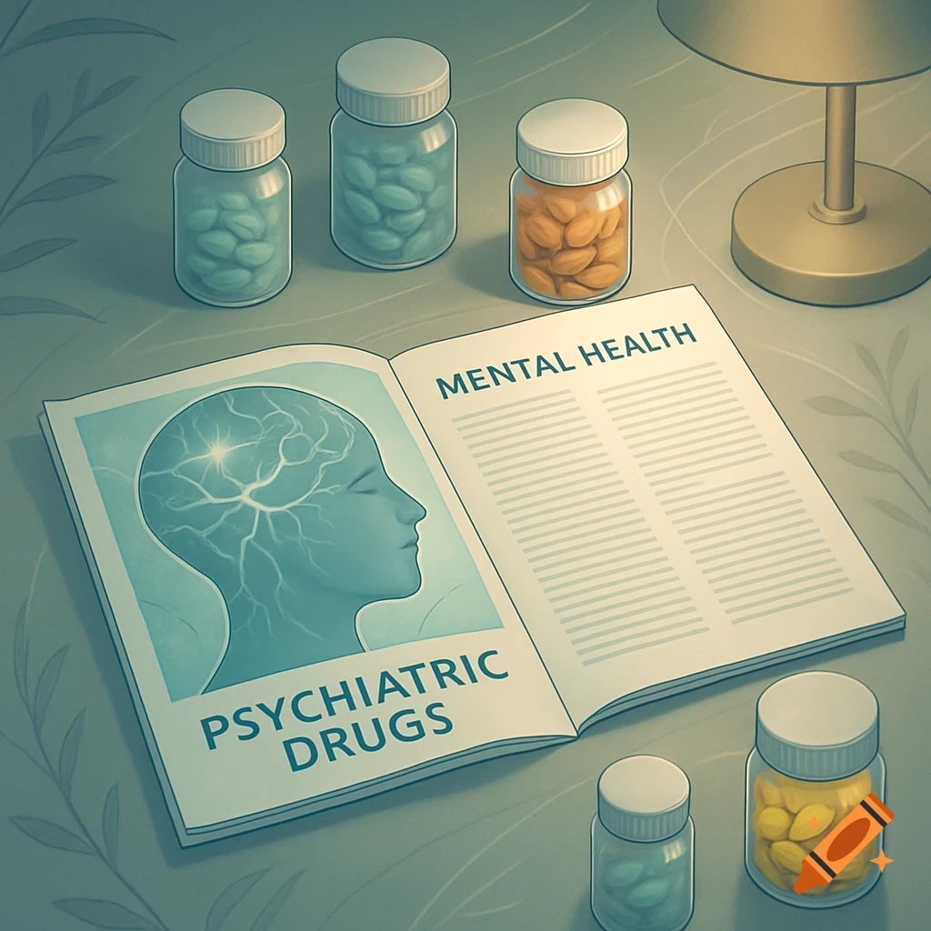 An open magazine titled 'PSYCHIATRIC DRUGS' and 'MENTAL HEALTH' with an illustration of a head, surrounded by pill bottles and a lamp.
