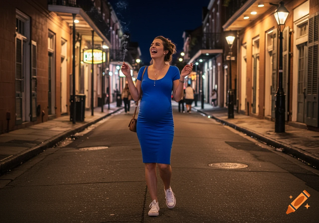 A laughing pregnant woman in a blue dress walks down a lively Bourbon Street at night, holding a cigarette.