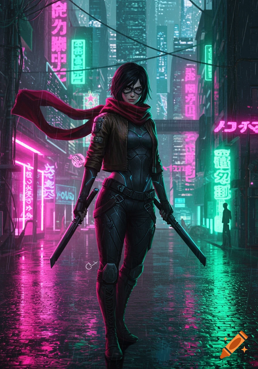 A female warrior with short black hair and a red scarf stands in a rainy, neon-lit cyberpunk city, holding two swords.