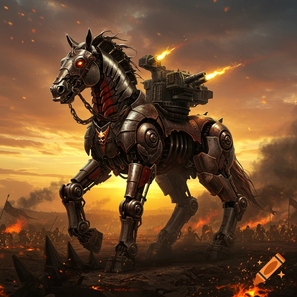 A powerful robotic warhorse with glowing red eyes and back-mounted cannons firing, standing amidst a fiery battleground under an orange sky.