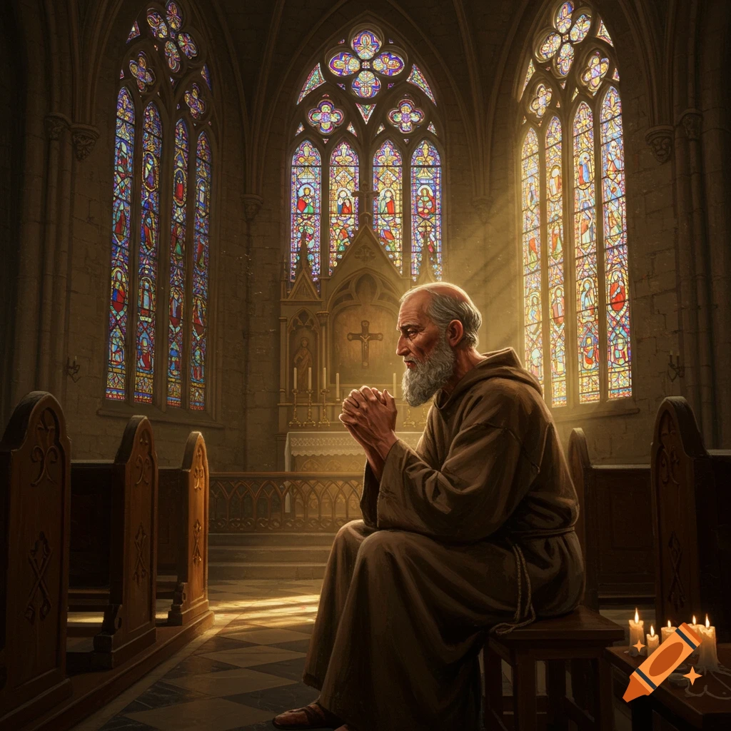 An old, bearded monk prays in a sunlit church, his hands clasped, stained glass windows behind him.