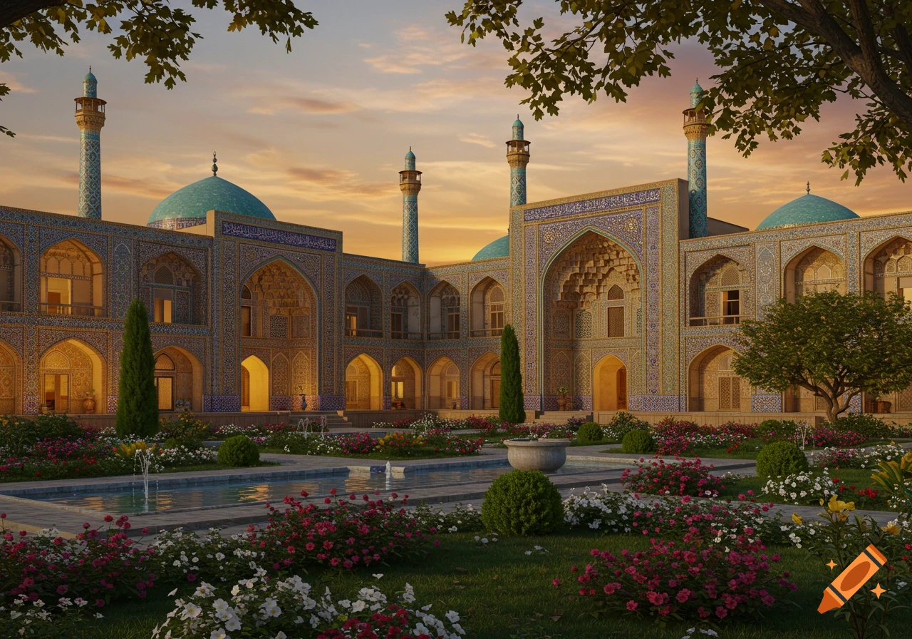 Ornate Islamic mosque with turquoise domes and minarets, surrounded by a lush garden with water features and colorful flowers at sunset.