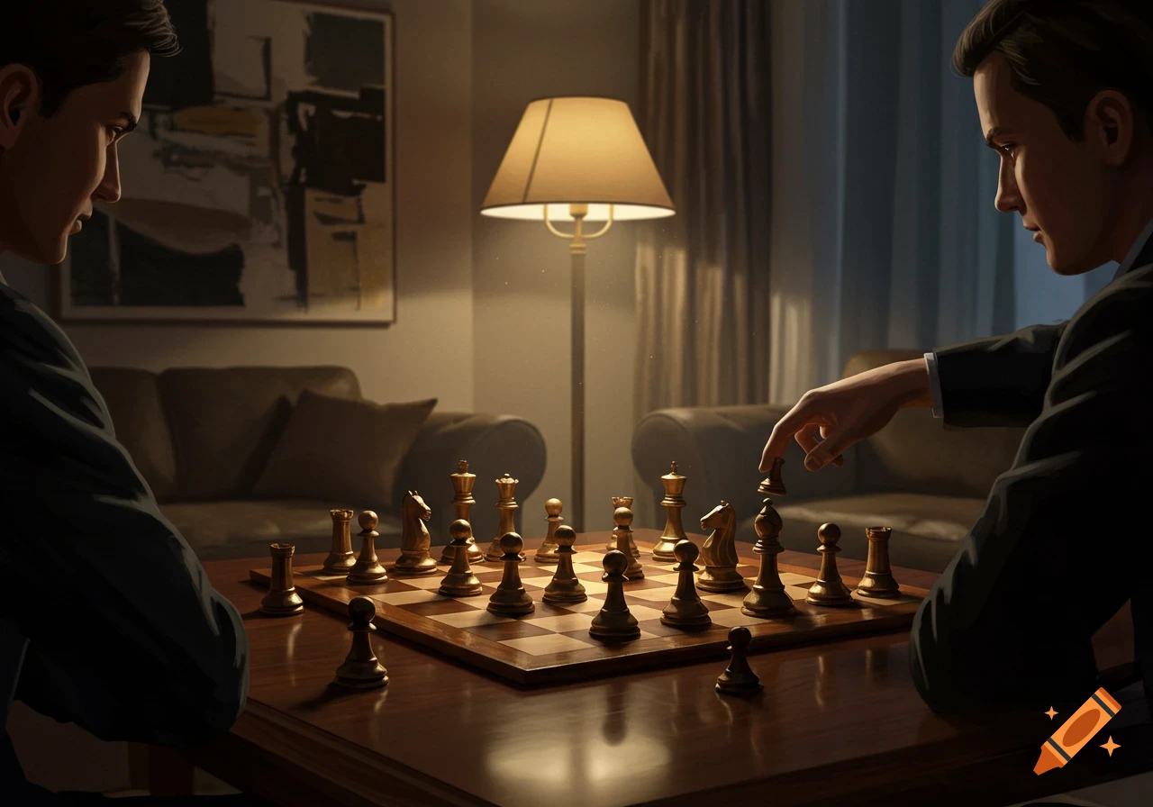 Two men intensely playing chess at a wooden table in a dimly lit room with a floor lamp and abstract art in the background.