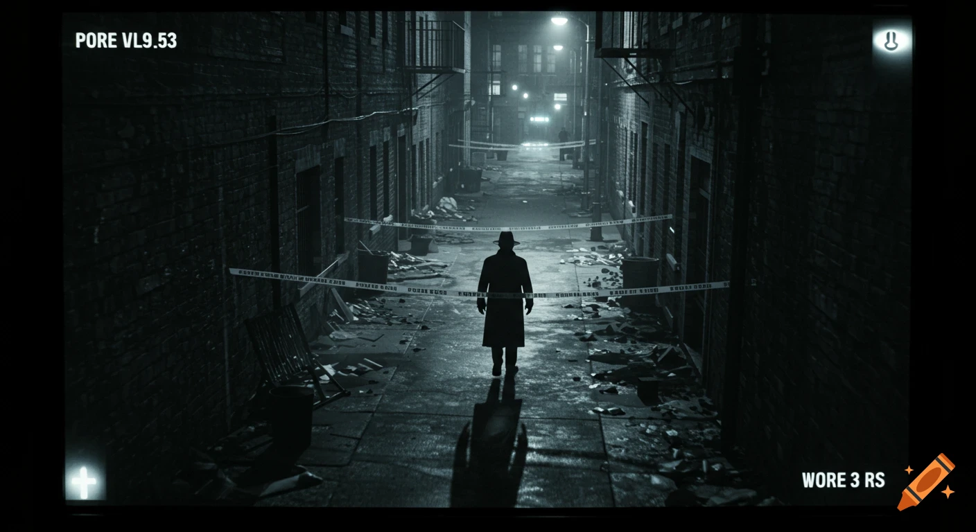 A silhouetted person in a trench coat walks down a dark, narrow alley blocked by crime scene tape, in a grimy, black and white style reminiscent of CCTV footage.