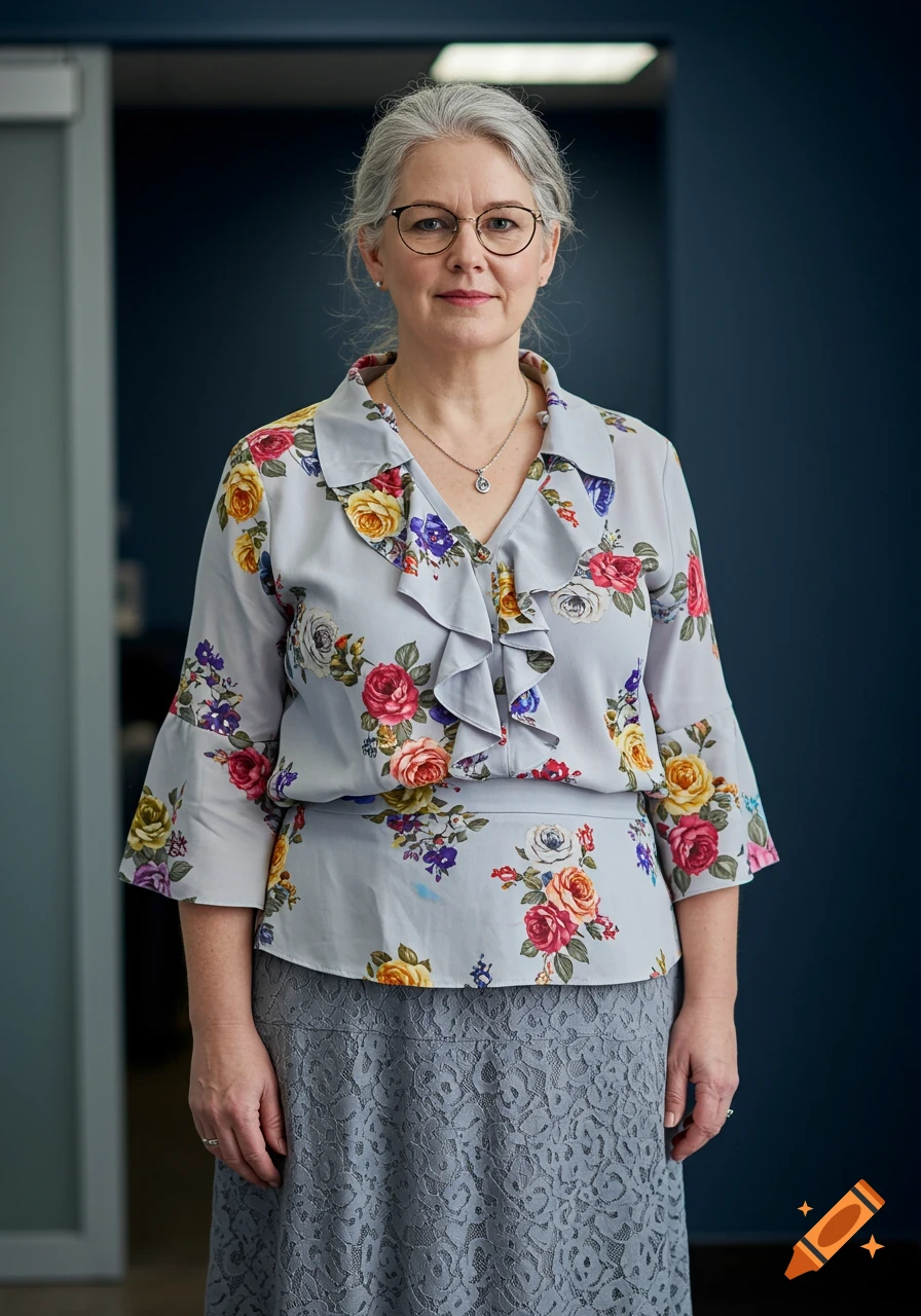 Photorealistic portrait of a gray-haired woman in glasses, wearing a floral blouse and lace skirt against a dark blue wall.