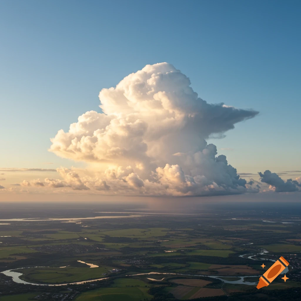 A large, fluffy white cloud dominates a blue sky above a green landscape with winding rivers.
