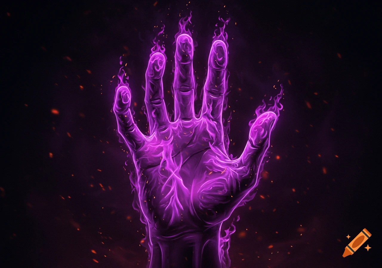 A hand made of vibrant purple flames against a dark background with orange sparks.