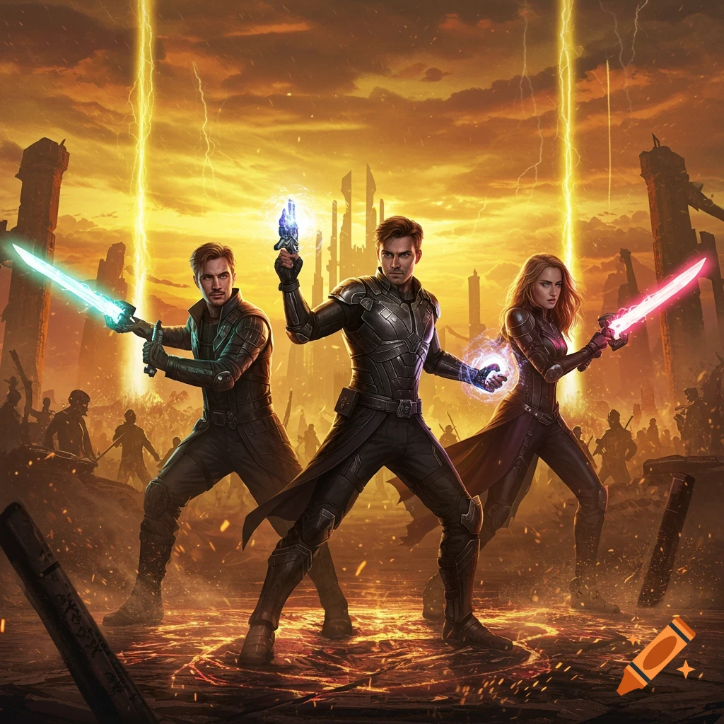 Three armored warriors with glowing energy weapons pose in a ruined, fiery landscape under a stormy, orange sky with lightning.