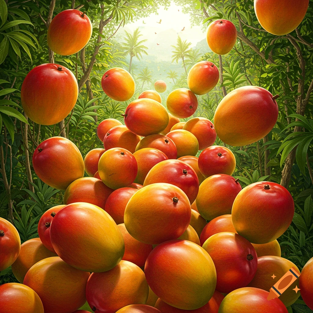 Many ripe mangoes fill a lush, sunlit tropical jungle, some floating and some piled.