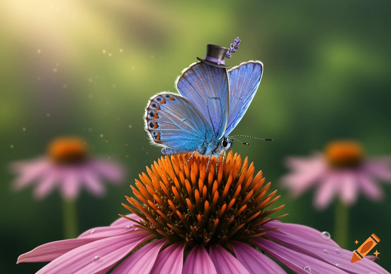 A blue butterfly wearing a tiny top hat with lavender sits on a pink and orange coneflower in a sunny garden.