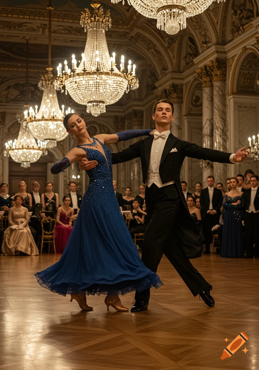 A man and woman ballroom dancing in a grand hall with chandeliers, dressed in formal attire. The woman wears a blue gown, the man a tuxedo.