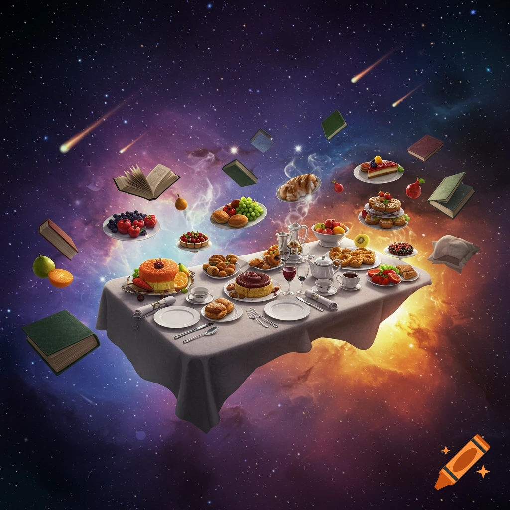 A table laden with diverse foods and scattered books floats amidst a vibrant, star-filled nebula, with meteors streaking by.
