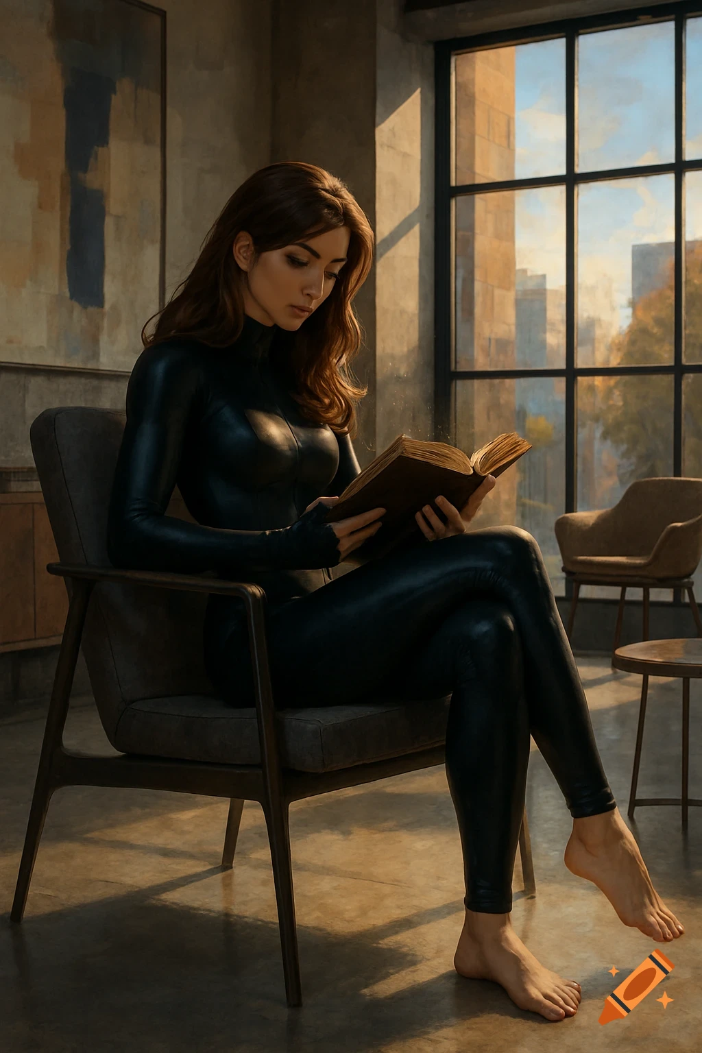A photorealistic image of a woman in a black catsuit sitting barefoot in a chair, reading a book by a window.