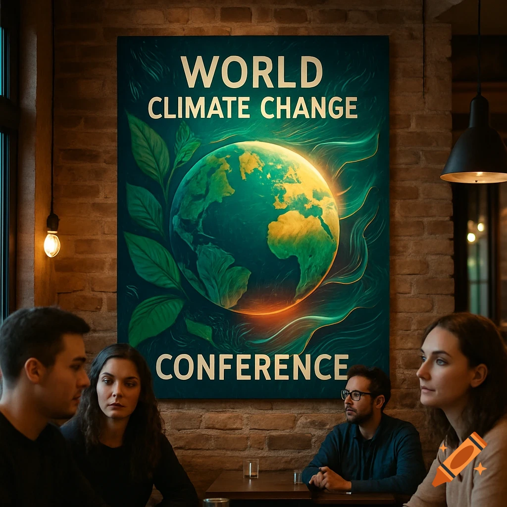 A 'World Climate Change Conference' poster on a brick wall in a cafe, with four people seated at tables.