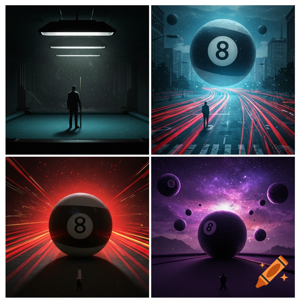 A four-panel image of large 8-balls in surreal settings: a pool room, a city street with red light trails, and a purple starry landscape, each with a silhouetted figure.