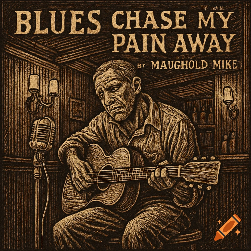 A woodcut-style illustration of a somber man playing an acoustic guitar in a dimly lit blues bar, with song title text.