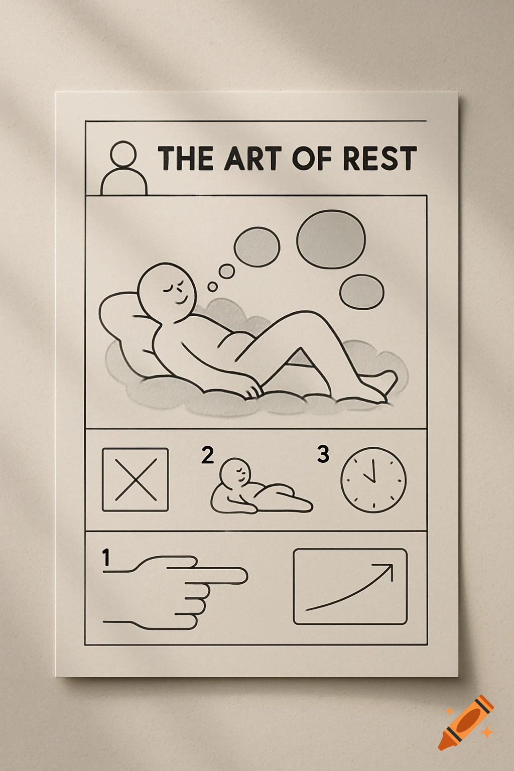 A minimalist IKEA-style diagram titled 'The Art of Rest' showing a person resting, thought bubbles, and steps for relaxation.