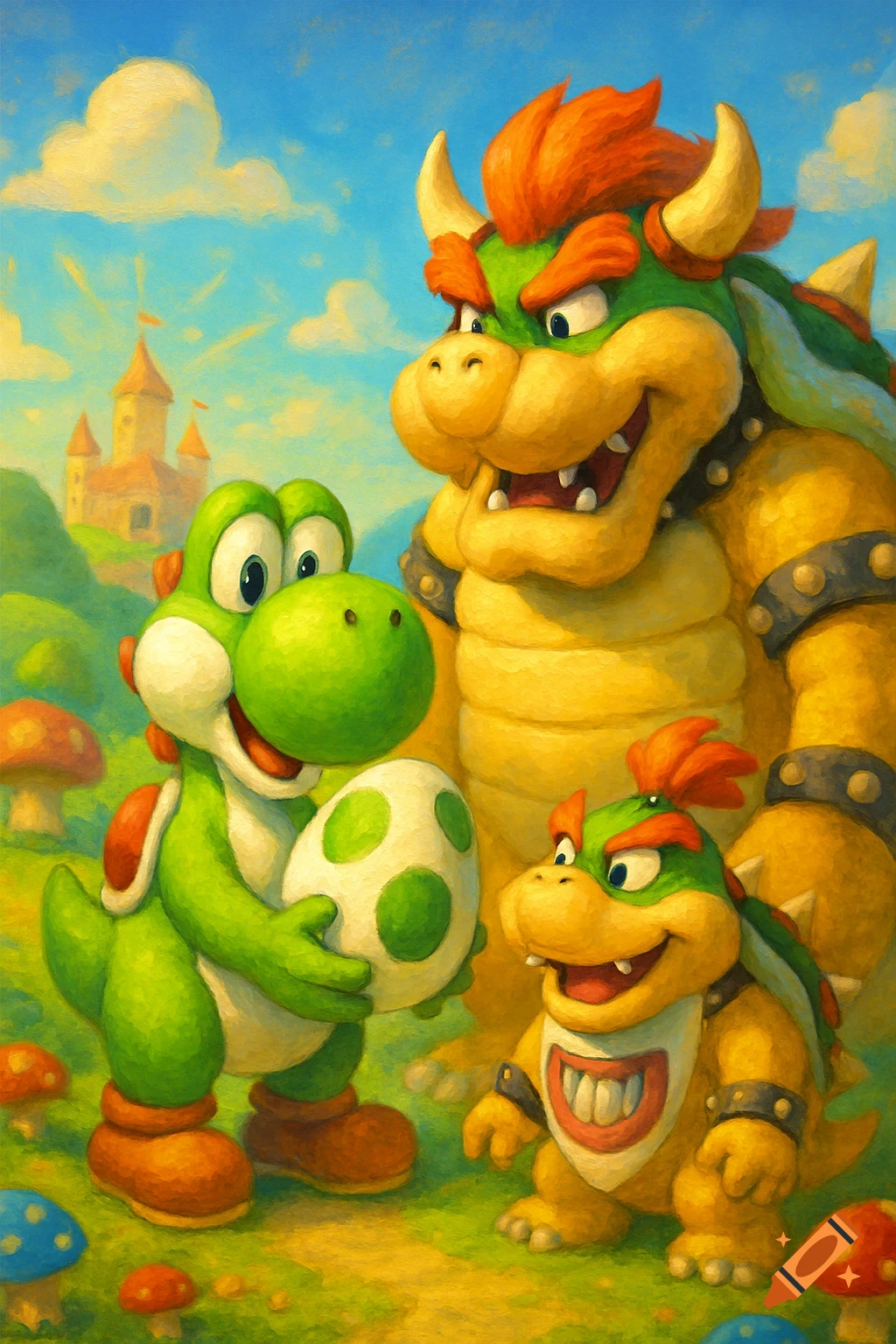 Painted illustration of Yoshi holding a speckled egg, standing next to Bowser and Bowser Jr. in a vibrant, grassy landscape with a castle.