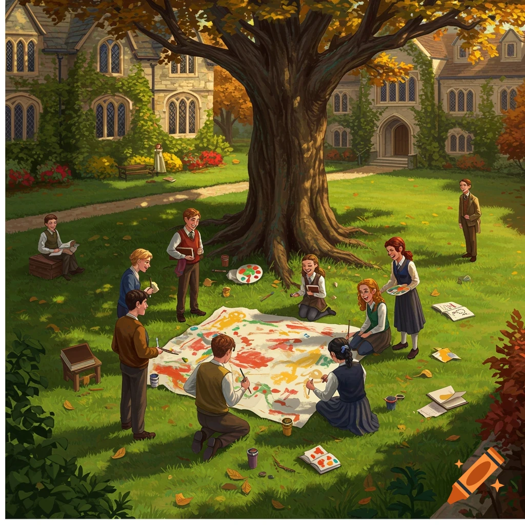 English boarding school students paint a large canvas under an autumn tree on a grassy lawn with a historic building in the background.