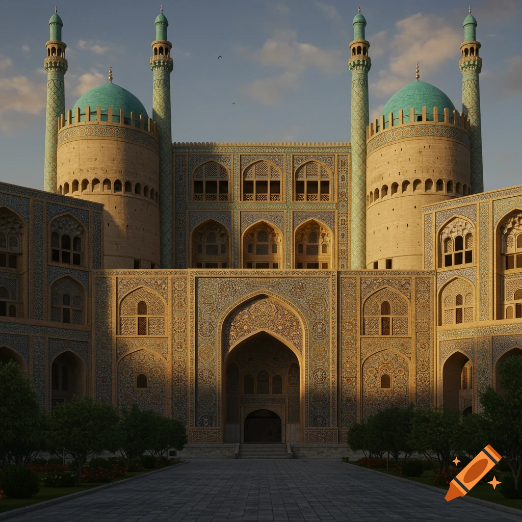 A grand architectural shot of a citadel, featuring intricate Islamic design, large domes, tall minarets, and warm, cinematic lighting.