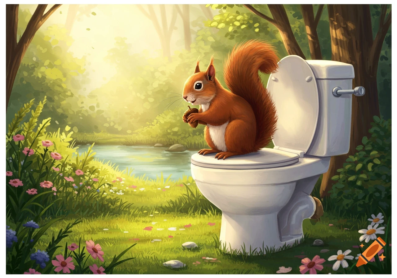 A whimsical cartoon squirrel sits on a white toilet in a sunny forest, holding an acorn.