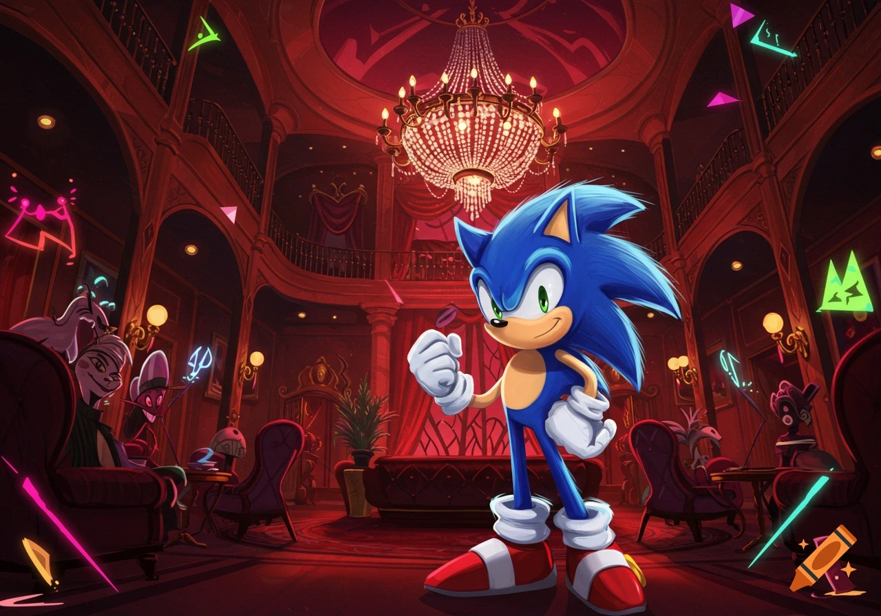 Sonic the Hedgehog stands in a grand, red mansion with ornate chandeliers and stylized demon characters, holding a small red object.